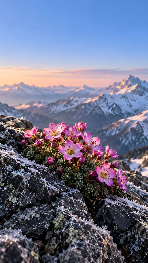 Pink Saxifrage in Frosted Rock — Nature & Landscapes wallpaper