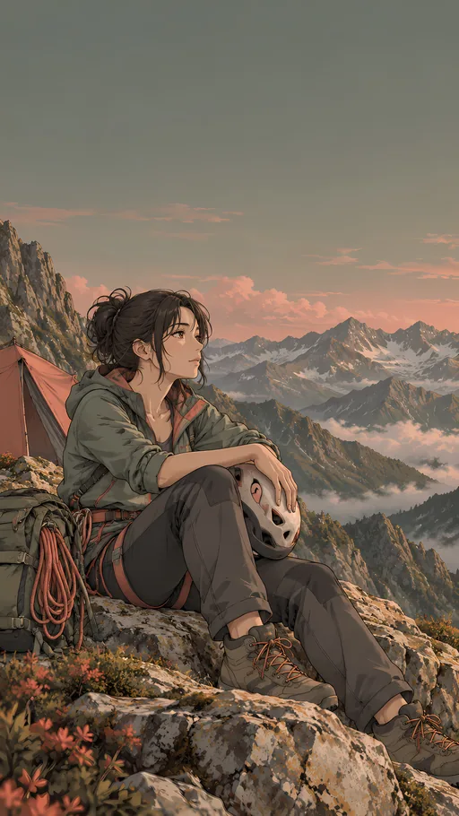 Climber with a Helmet at Camp — Anime wallpaper