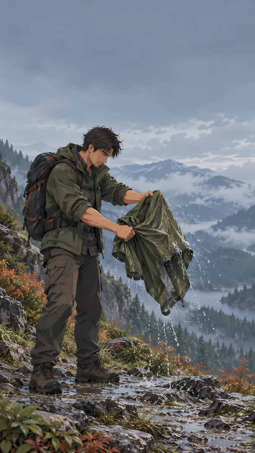 Hiker Shaking Off the Rain — Anime wallpaper