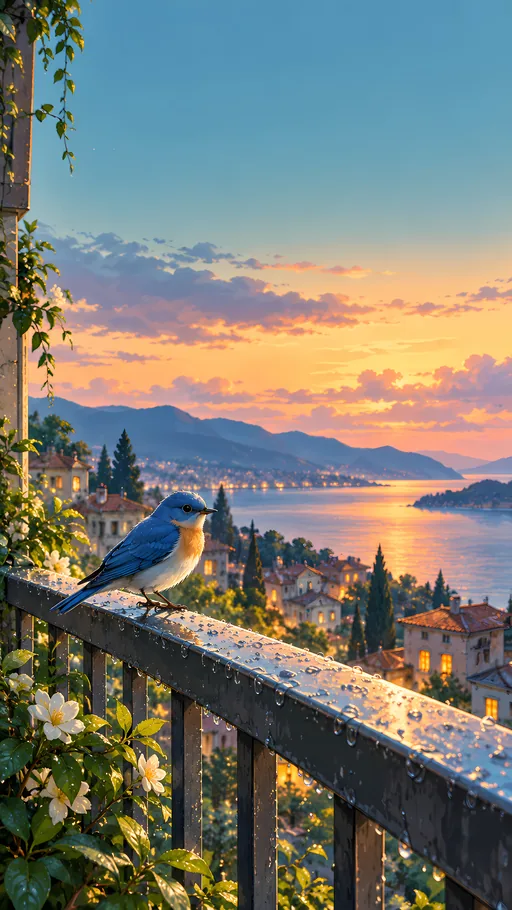 Bluebird on the Balcony Rail — Anime wallpaper