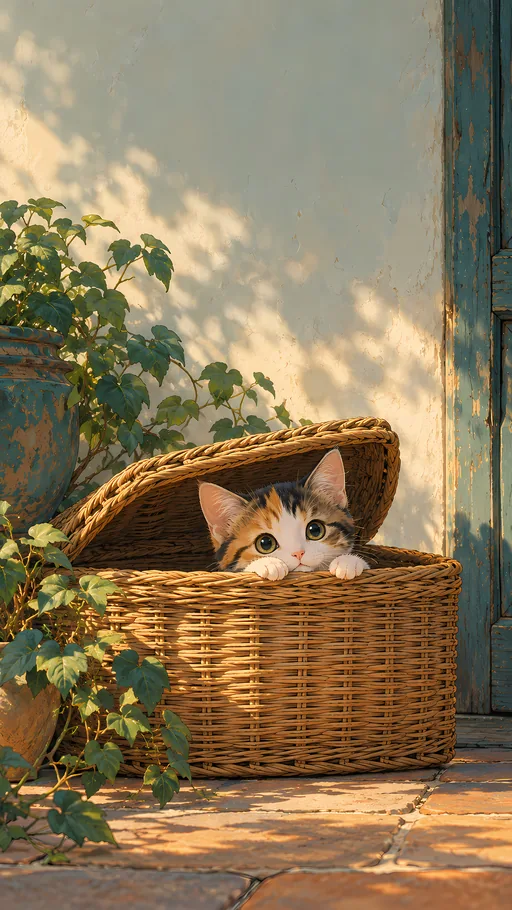 Calico Kitten in a Basket — Anime wallpaper
