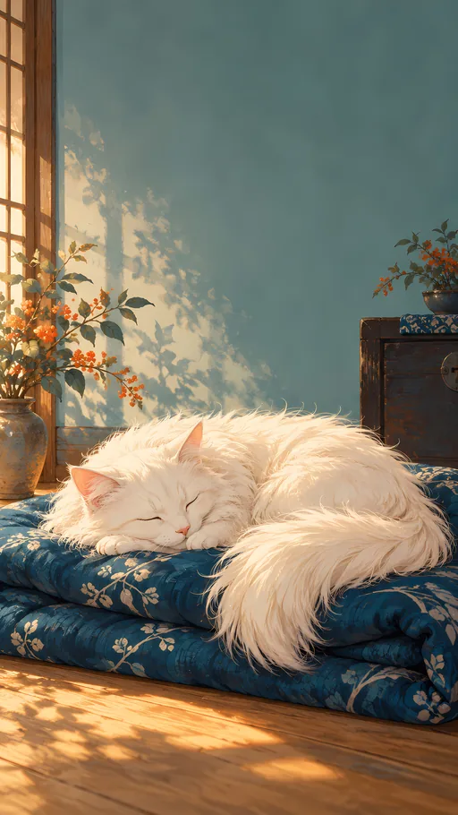 White Cat on the Indigo Quilt — Anime wallpaper