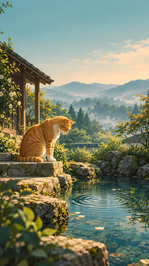Orange Cat Watching Ripples — Anime wallpaper
