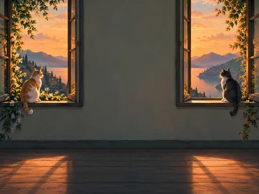 Two Cats on the Windowsills — Anime wallpaper