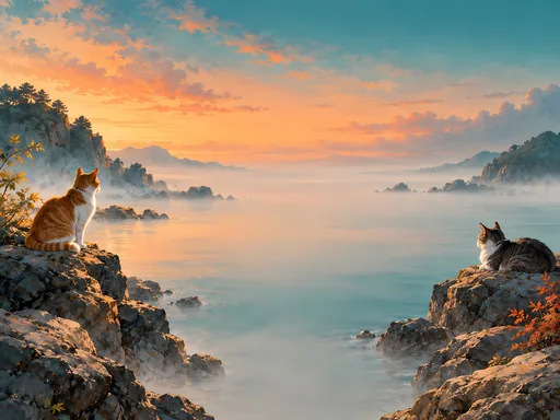 Two Cats on the Shoreline Rocks — Anime wallpaper