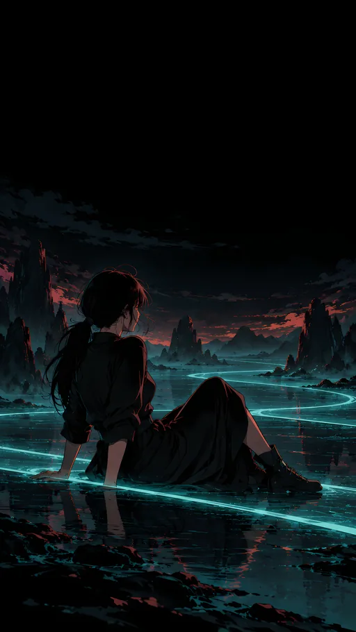 Silhouette on a Teal Ribbon — Anime wallpaper
