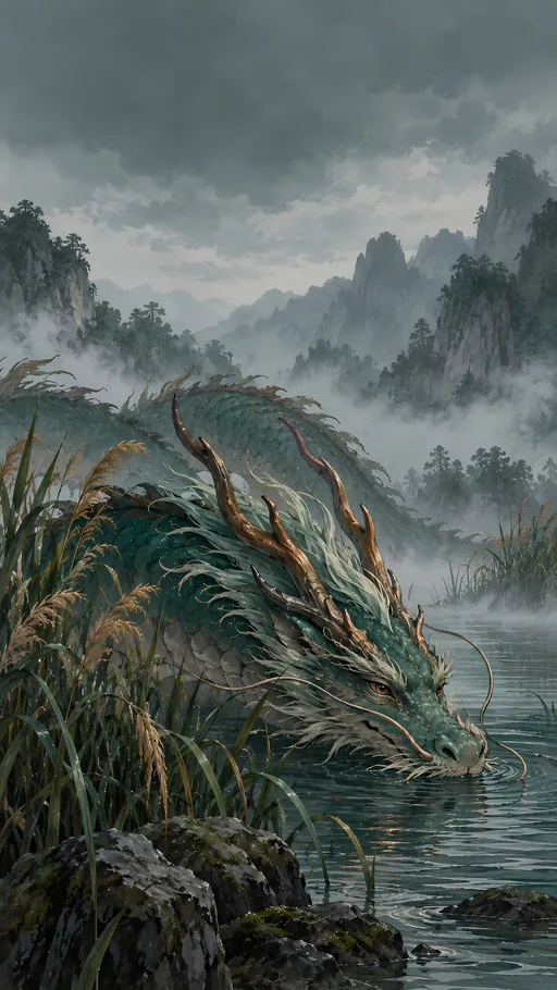 River Dragon in the Reeds — Anime wallpaper