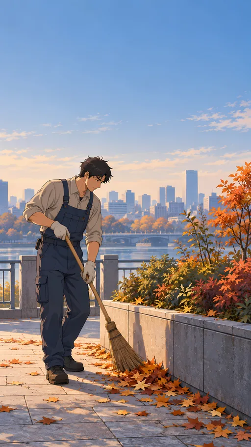 Sweeping Leaves in the City — Anime wallpaper
