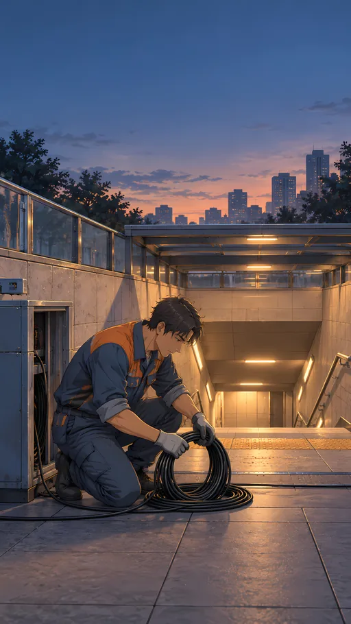 Coiling Cable by the Subway Stair — Anime wallpaper