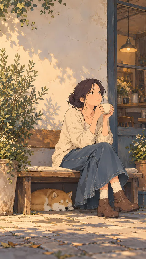 Shiba Napping Under the Cafe Bench — Anime wallpaper
