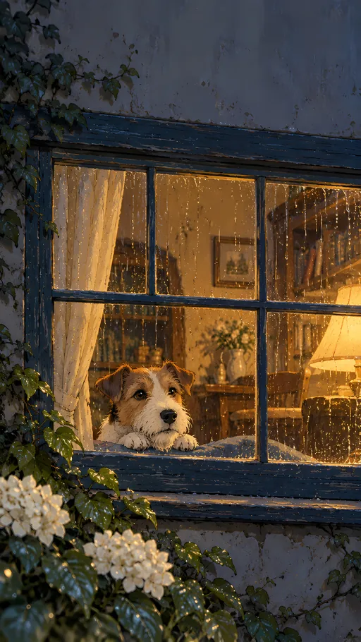 Terrier at the Rainy Window — Anime wallpaper