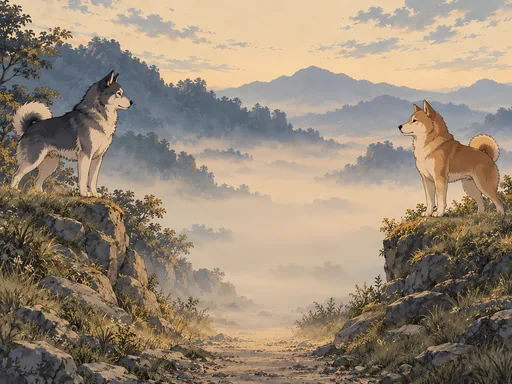 Two Dogs on the Grass Banks — Anime wallpaper