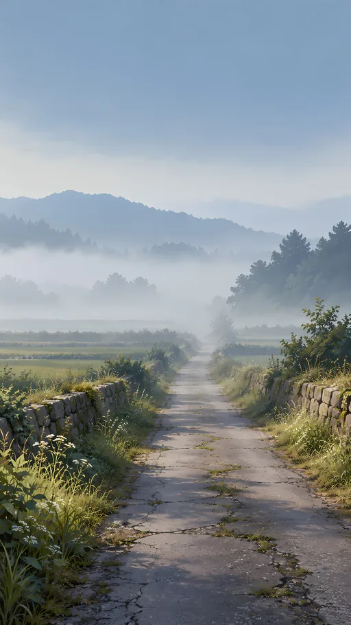 Rural Lane into Morning Fog — Anime wallpaper