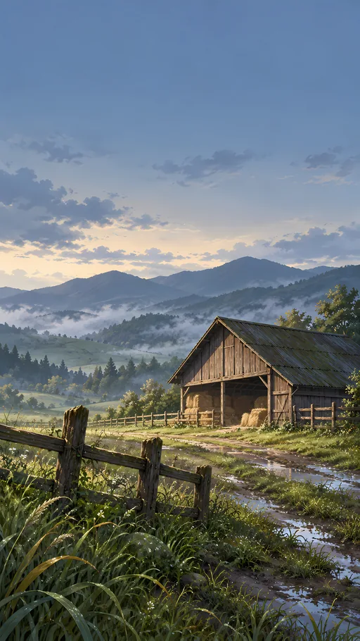 Hay Barn in the Wet Grass — Anime wallpaper