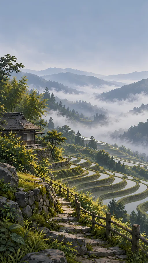 Rice Terrace Below the Mist — Anime wallpaper