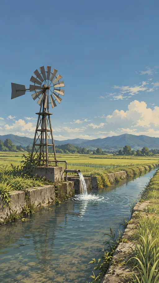Wind Pump by the Canal — Anime wallpaper