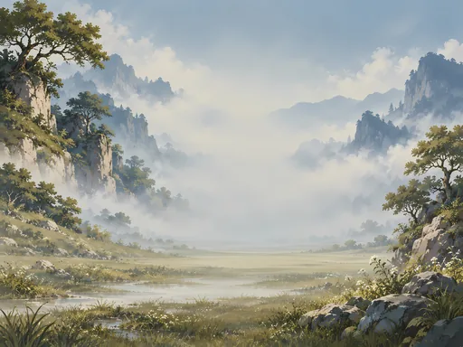 Farmland in Quiet Fog — Anime wallpaper