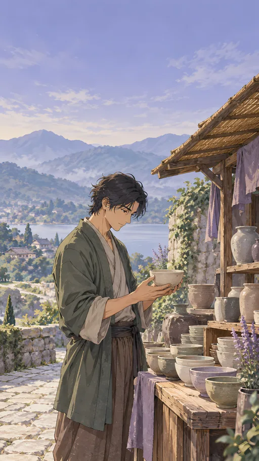 Choosing a Bowl at the Pottery Stall — Anime wallpaper