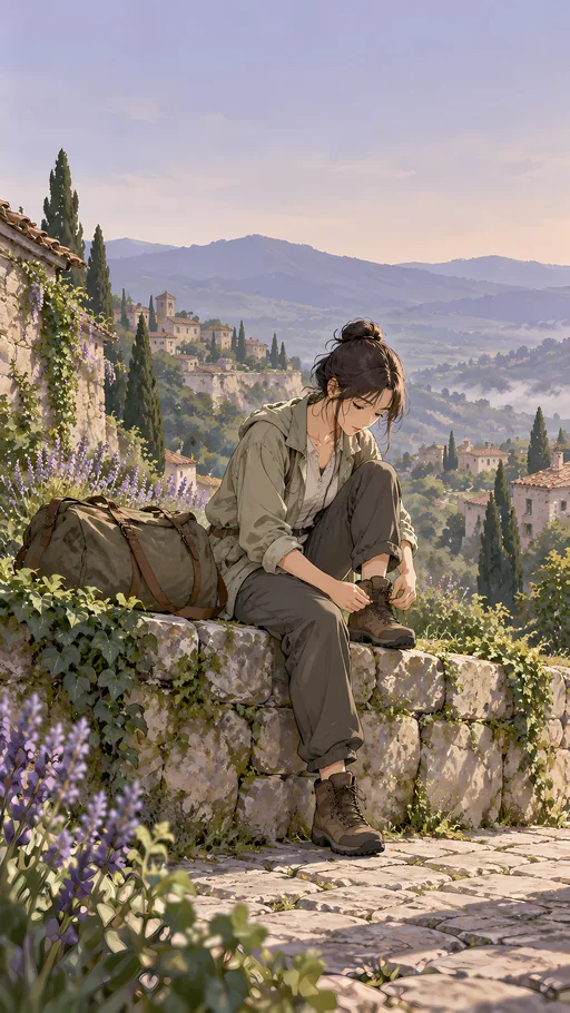 Tying a Shoelace by the Garden Wall — Anime wallpaper