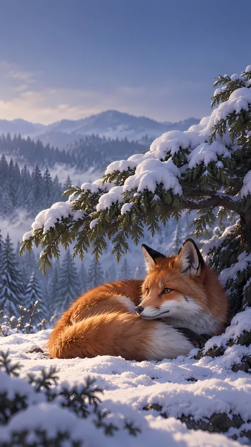 Red Fox Under the Snowy Cedar — Anime wallpaper