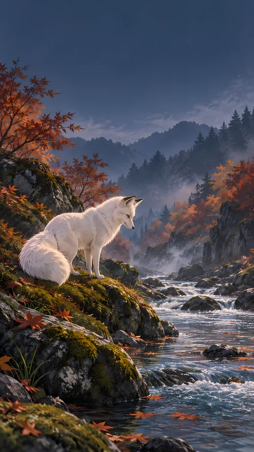 White Fox by the Stream — Anime wallpaper