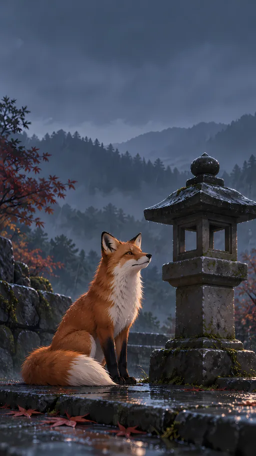 Red Fox by the Stone Lantern — Anime wallpaper