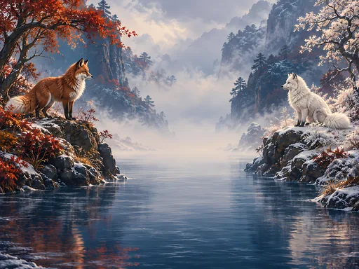 Two Foxes Across the River — Anime wallpaper