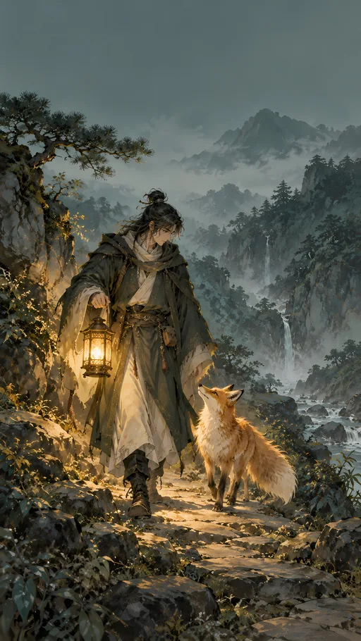 Mage Guiding a Lost Fox — Anime wallpaper