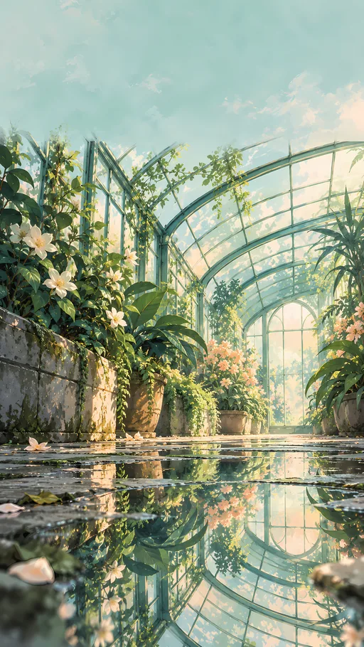 Greenhouse Puddle Reflection — Anime wallpaper