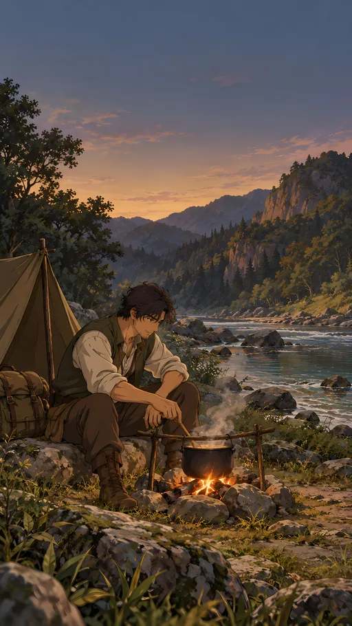 Cooking at the Riverside Camp — Anime wallpaper