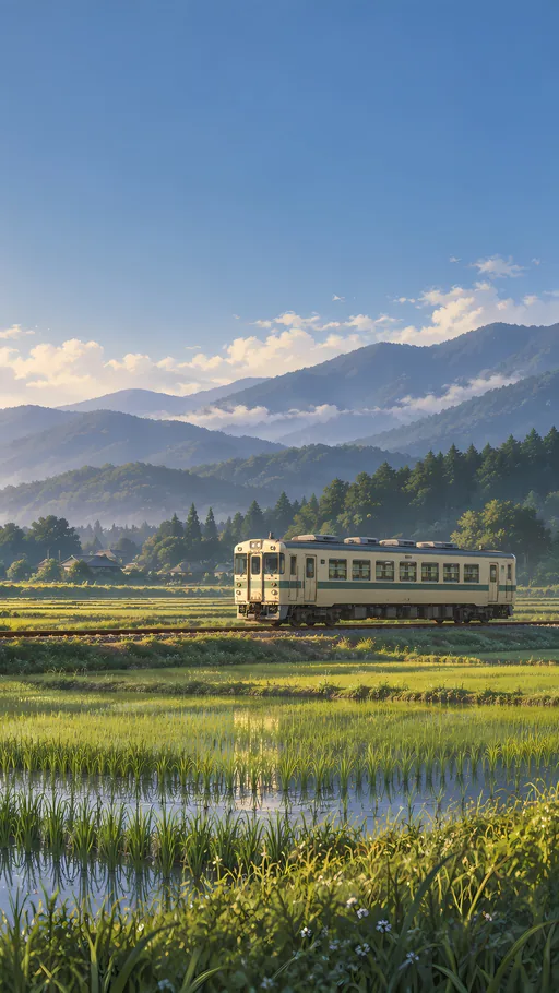 Cream Railcar Past the Rice Field — Anime wallpaper