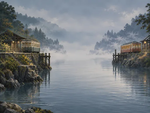 Railcars Across the Misty Estuary — Anime wallpaper