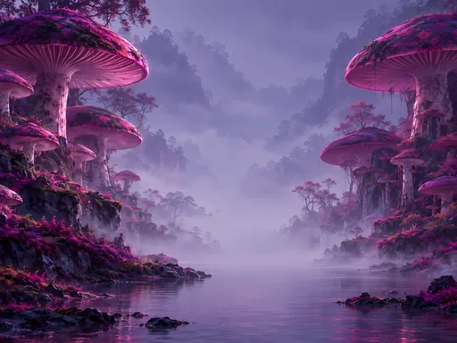 Giant Mushrooms in the Mist — Anime wallpaper