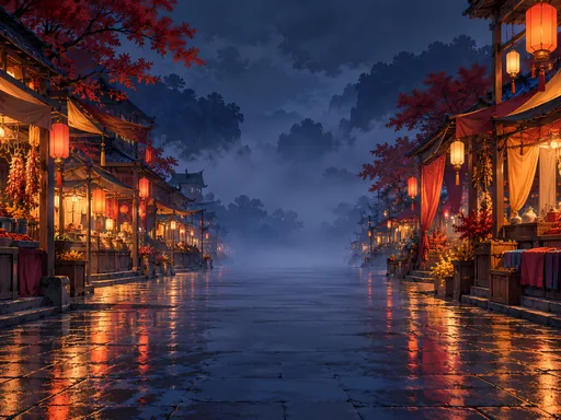Market Stalls on Wet Ground — Anime wallpaper