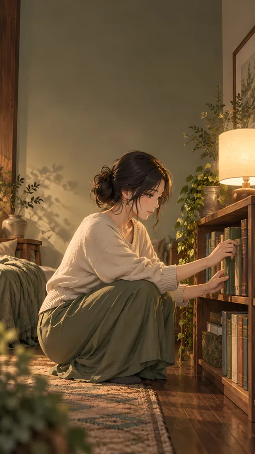 Reading by the Low Shelf — Anime wallpaper
