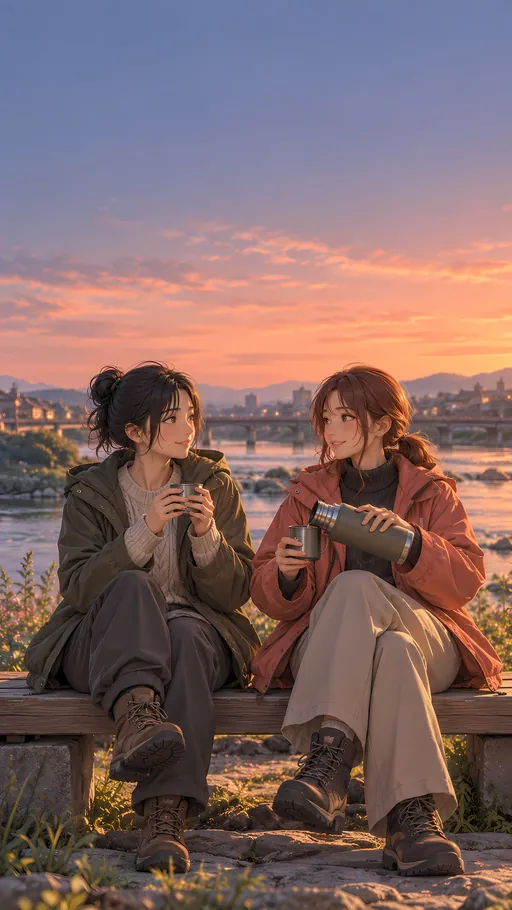 Sharing a Thermos by the River — Anime wallpaper