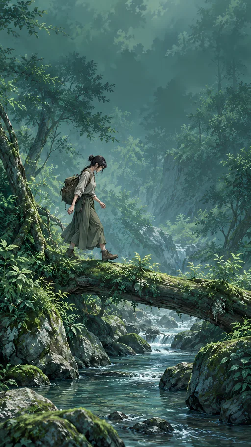 Fallen Tree Over the Creek — Anime wallpaper