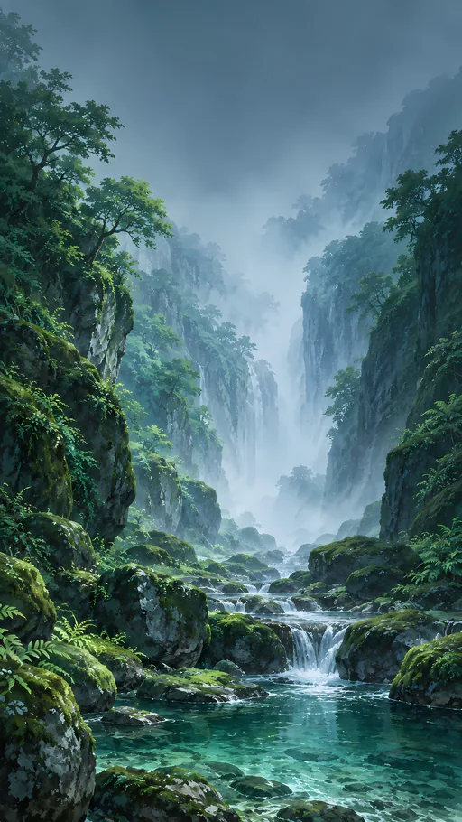 Moss Ravine and Mist Curtain — Anime wallpaper