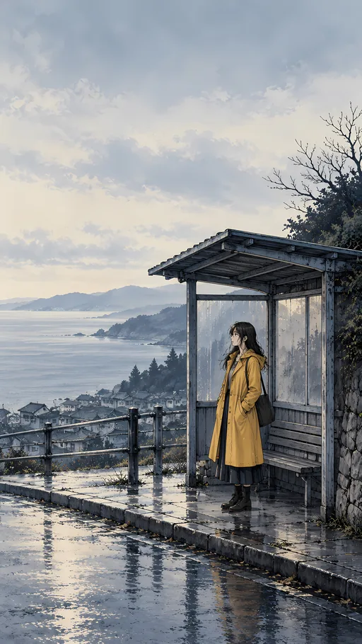 Yellow Coat at the Bus Shelter — Anime wallpaper