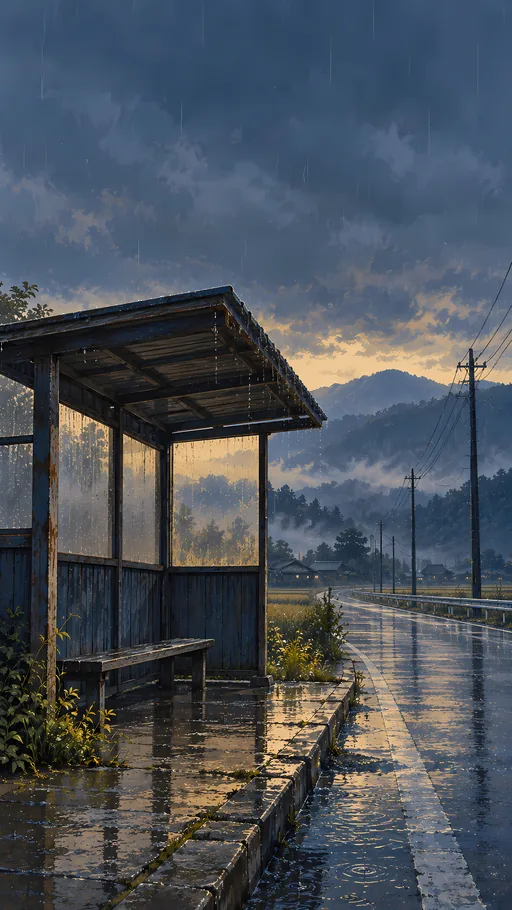 Rural Bus Stop in the Rain — Anime wallpaper