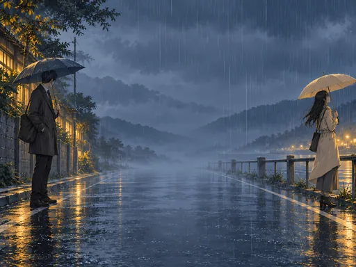 Two Commuters in the Rain — Anime wallpaper