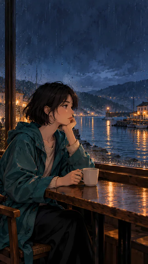 Rainy Harbor Cafe Window — Anime wallpaper
