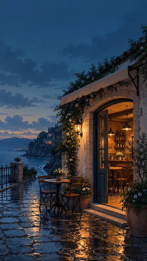Coastal Cafe Doorway in Rain — Anime wallpaper
