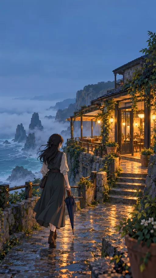 Walk to the Cliffside Cafe — Anime wallpaper