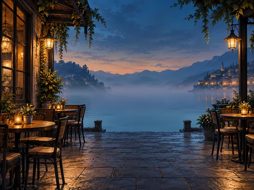 Empty Cafe Facing the Misty Harbor — Anime wallpaper