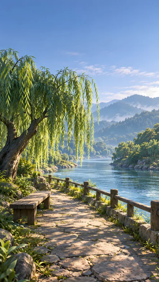 Riverside Bench Under Willows — Anime wallpaper