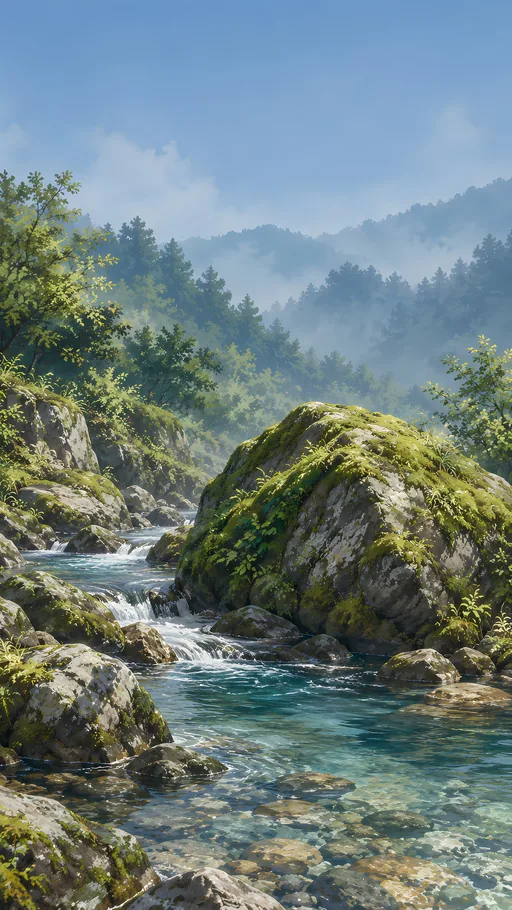 Creek Around a Mossy Boulder — Anime wallpaper