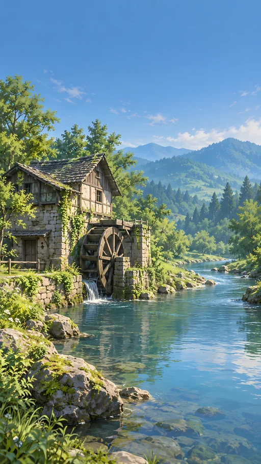 Old Mill at the River Bend — Anime wallpaper