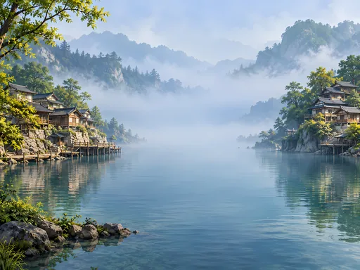 Riverbank Villages in Fog — Anime wallpaper