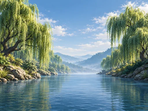 Willows Along a Quiet River — Anime wallpaper